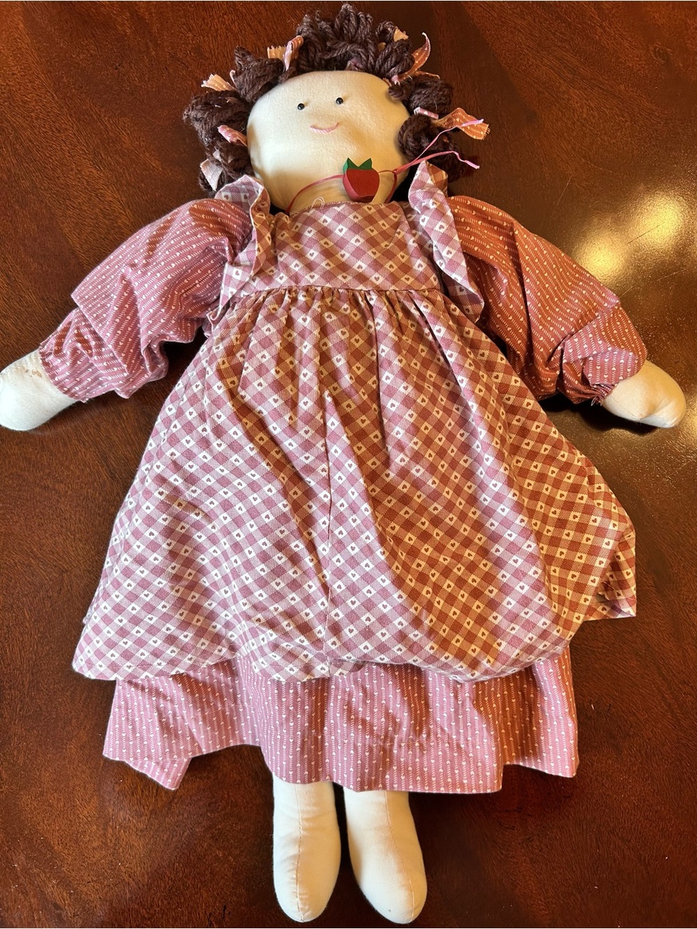 Vintage Handmade Folk Art Doll Fabric Yarn Hair Dress Apron
